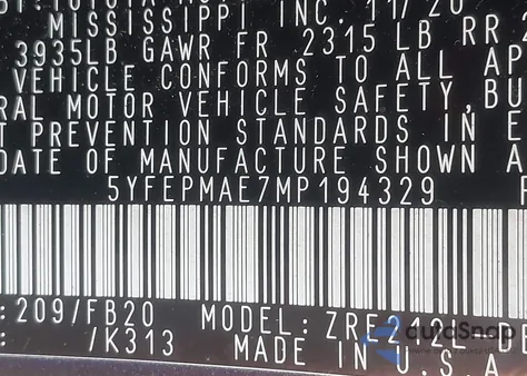 2021 Toyota Corolla Le из США, поврежденный, VIN 5YFEPMAE7MP194329